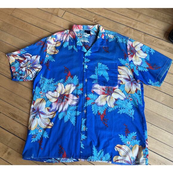 Wrangler Hawaiian Shirt Floral Print Mens Size Large Vintage Button Blue - Picture 2 of 10